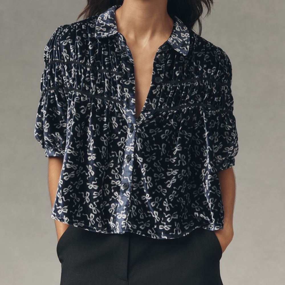 The Leandra Velvet Shirred Yoke Blouse By Maeve Size XS Petite
